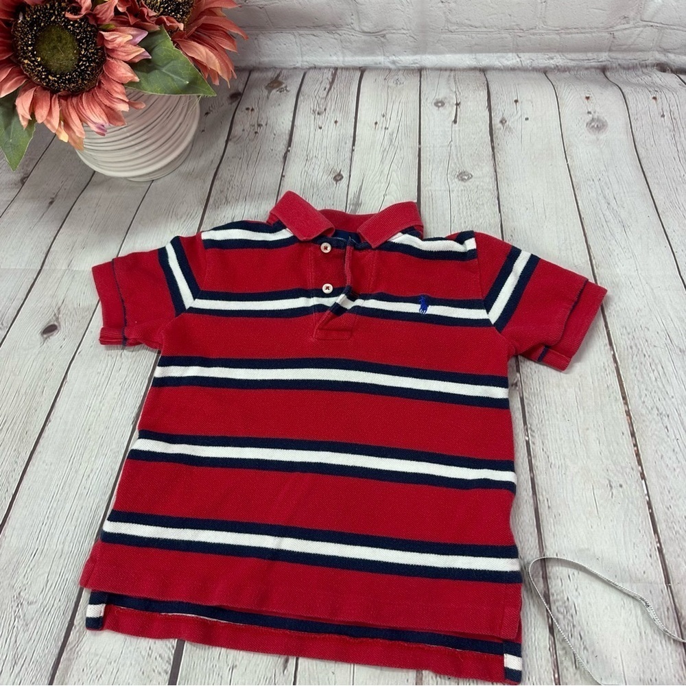 Polo by Ralph Lauren Kids Red Navy Striped Polo Shirt 3T nautical preppy